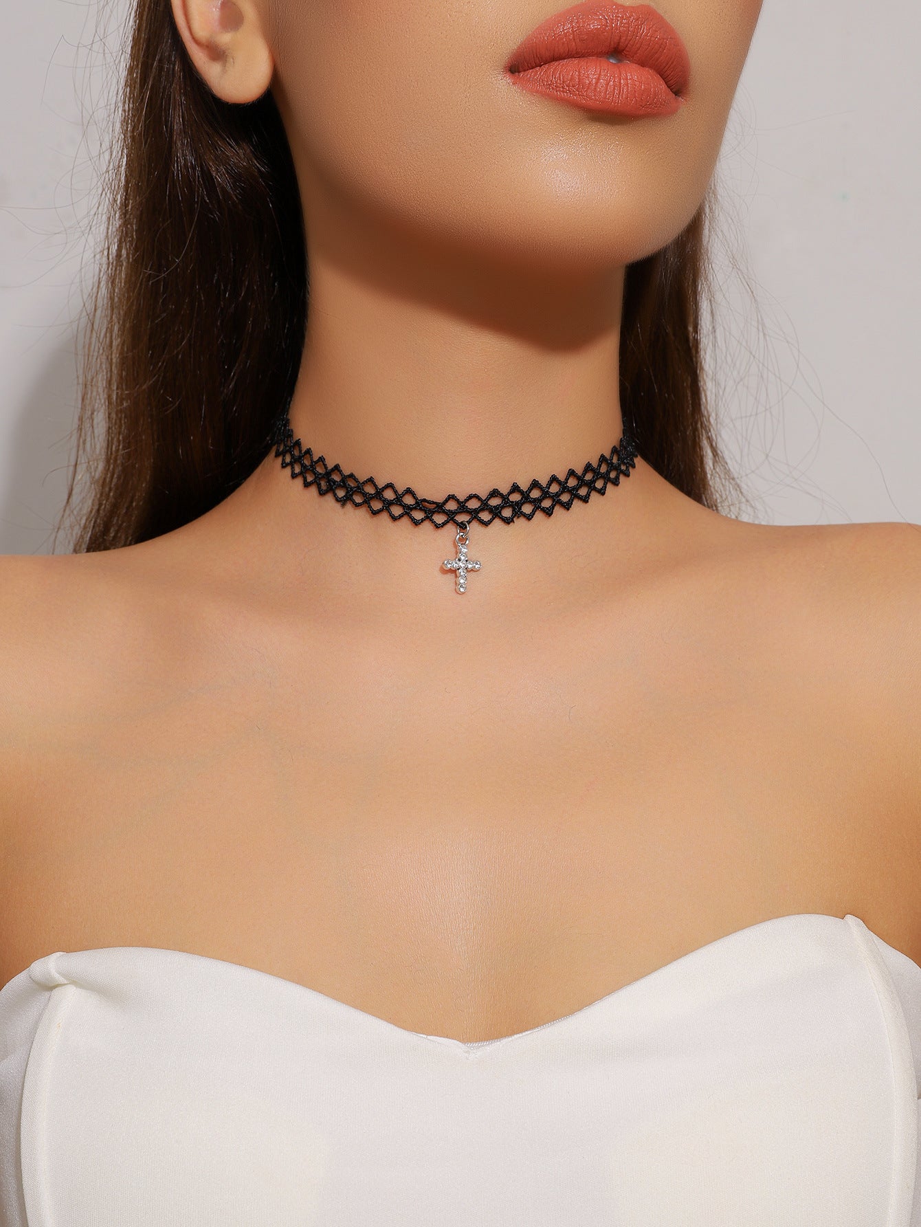 欧美跨境 复古黑色蕾丝玫瑰花项链手链戒指套装女 暗黑风颈链手饰