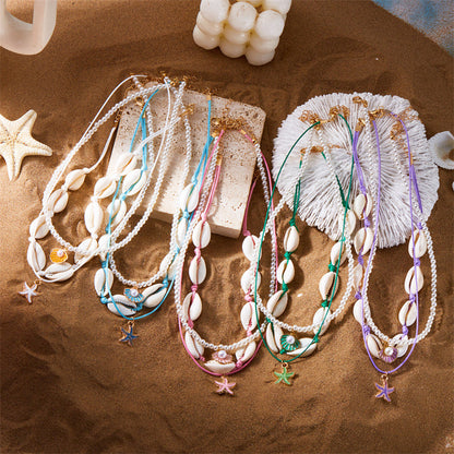 欧美夏季海洋度假海星贝壳海螺珍珠多层项链时尚夸张多层叠戴项链