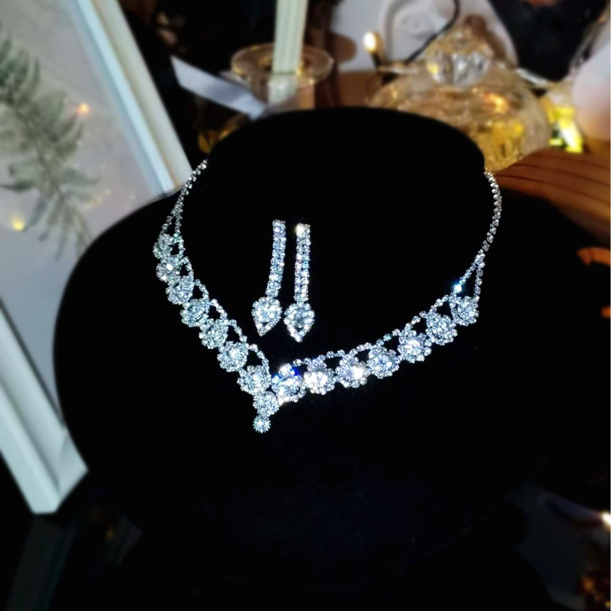 亚马逊爆款奢华新娘项链耳环两件套婚礼配饰气质锆石花朵首饰套装