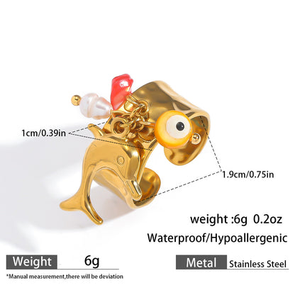 麦芽欧美不锈钢度假风开口戒指海螺海星贝壳珍珠花樱桃指环手饰品