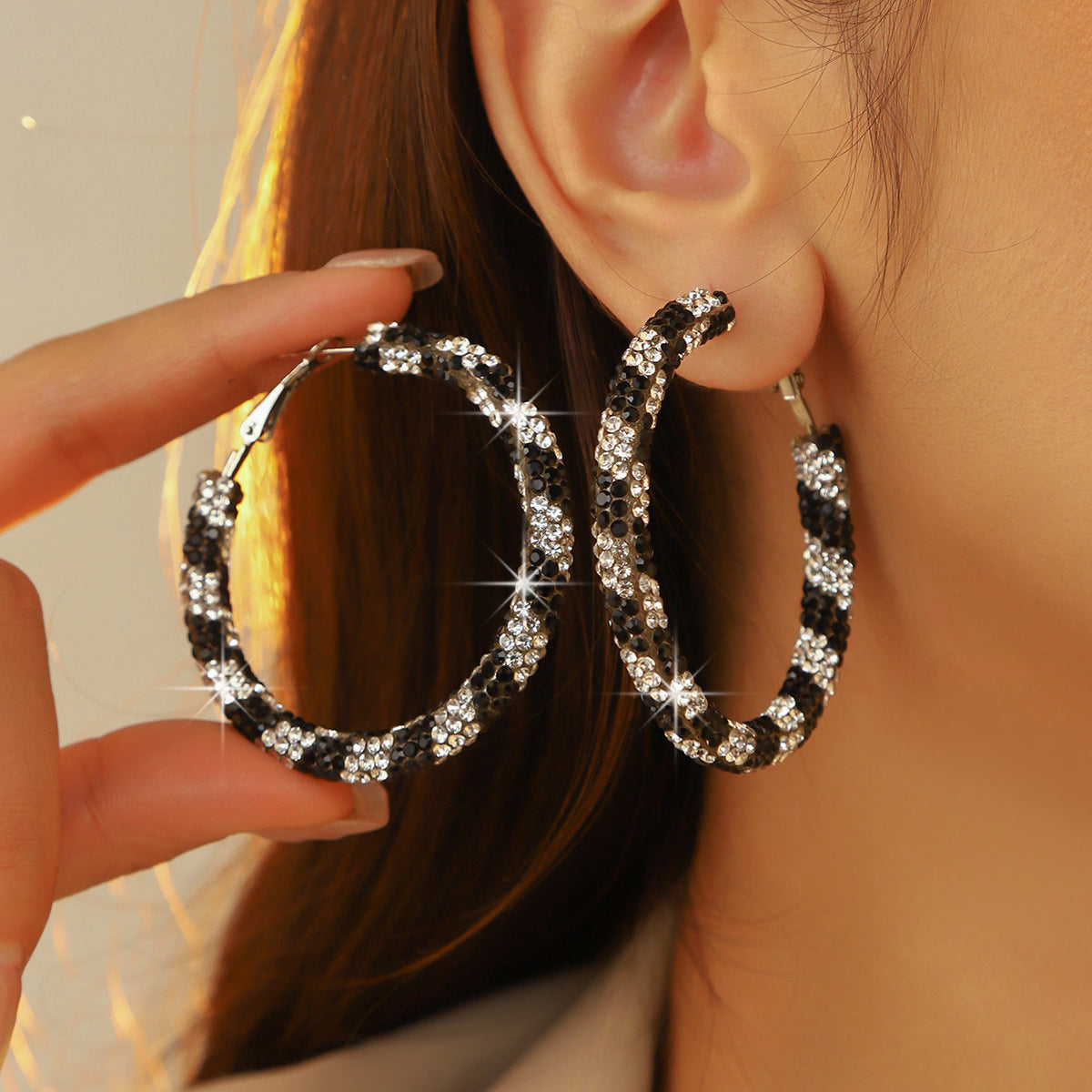 外贸热销 欧美夸张镶钻双排大圈街舞hiphop耳环耳圈 新娘耳饰批发