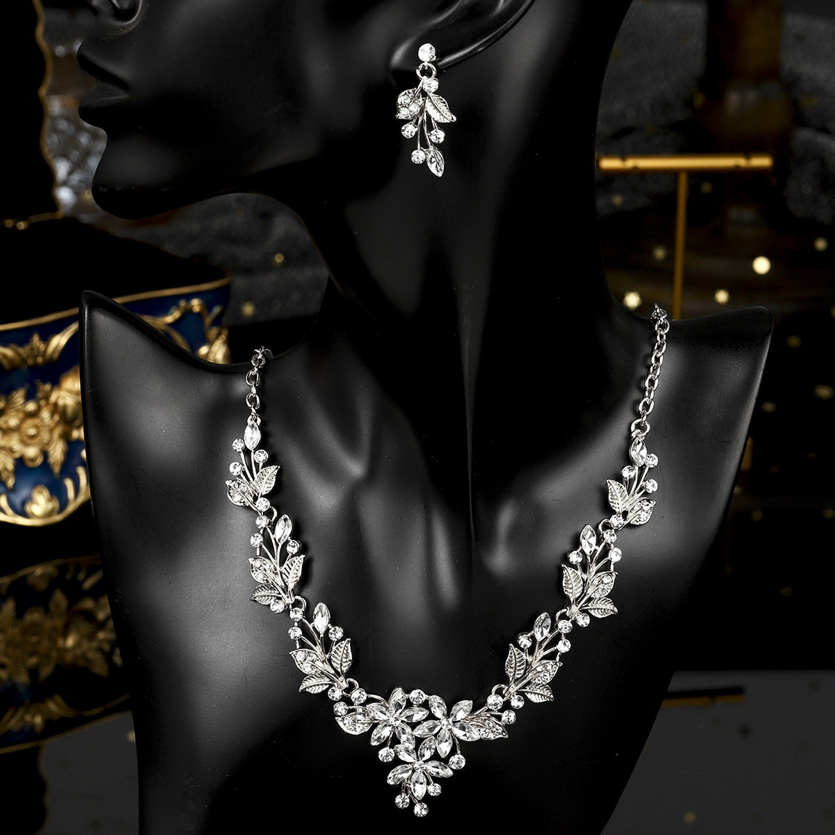 欧美新娘项链耳环套装复古水晶合金首饰搭配花朵水滴满钻礼服配饰