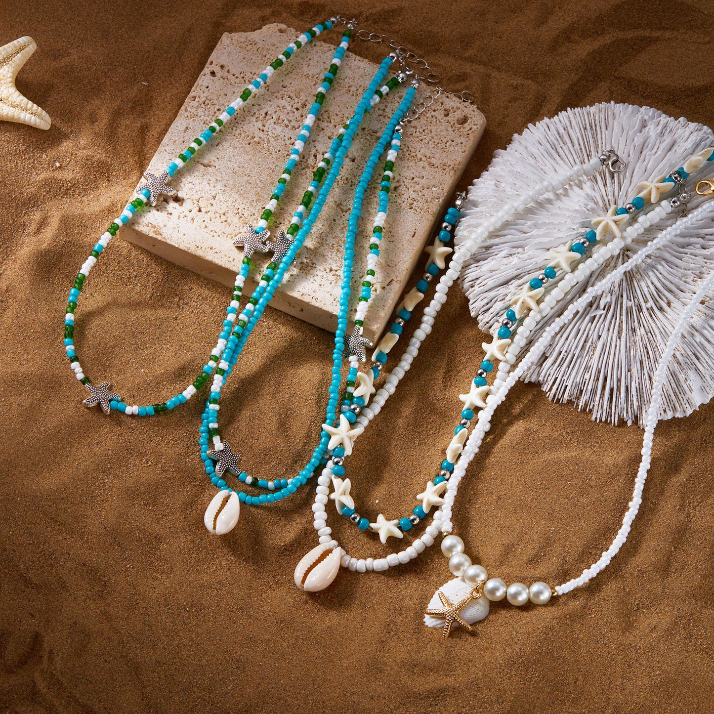 欧美夏季海洋度假海星贝壳海螺珍珠多层项链时尚夸张多层叠戴项链