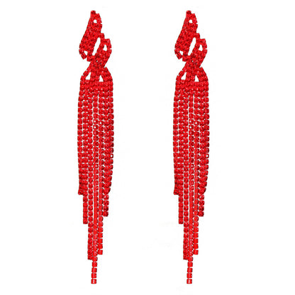 DINGKA时尚气质闪亮满钻长款流苏耳环女 高级感红色耳钉耳饰品
