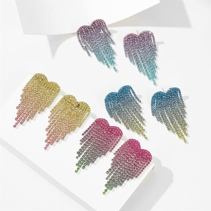 跨境 情人节大爆款 渐变色爱心水钻流苏耳环女高级感水钻耳钉耳饰