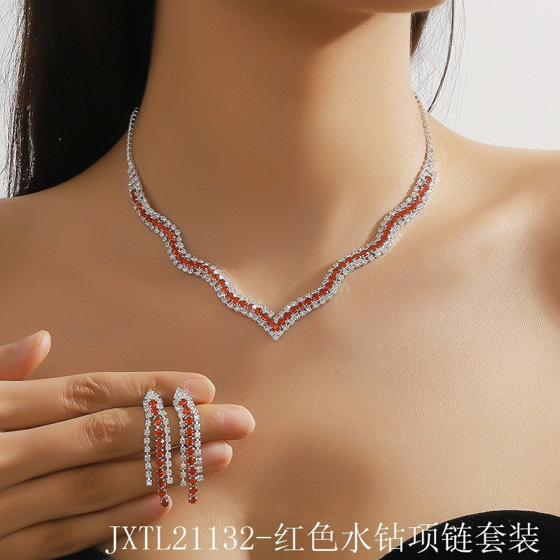 亚马逊爆款奢华新娘项链耳环两件套婚礼配饰气质锆石花朵首饰套装