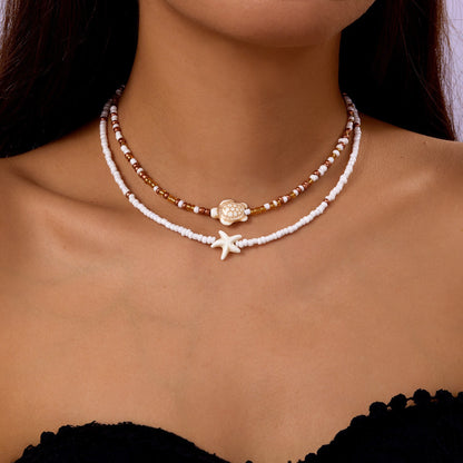 欧美夏季海洋度假海星贝壳海螺珍珠多层项链时尚夸张多层叠戴项链