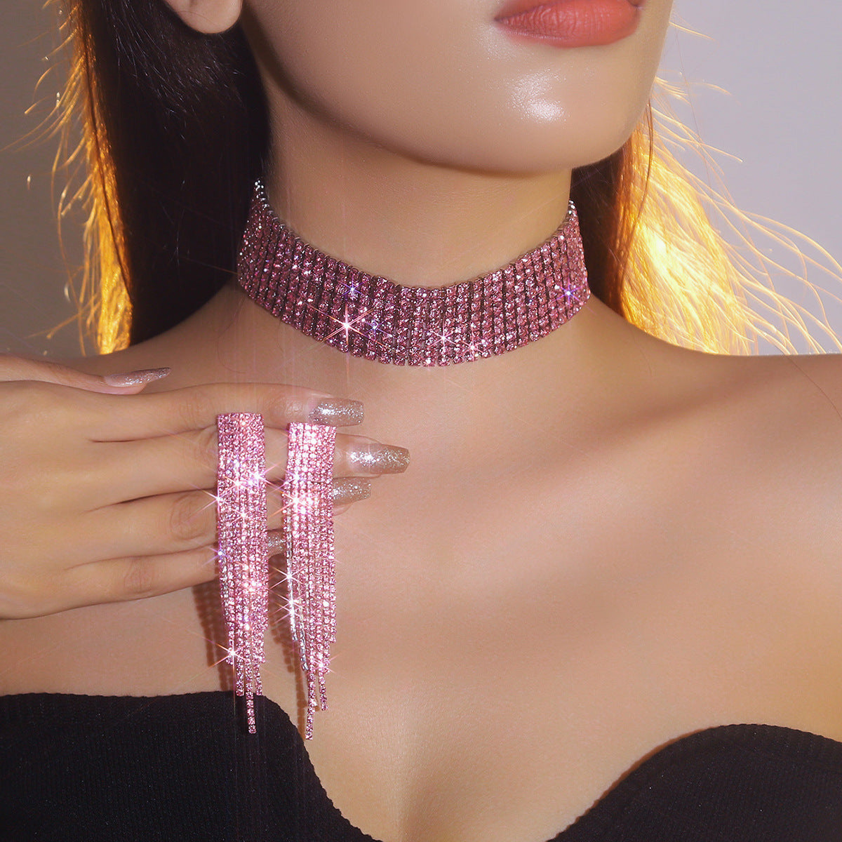 欧美跨境 奢华闪亮项链耳环两件套 豹纹新娘水钻首饰套装颈链饰品