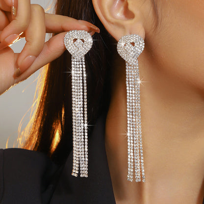 亚马逊美国独立日个性夸张长款流苏爱心耳环女水钻超闪耳钉耳饰品