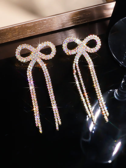 全铜 百搭蝴蝶结长款流苏耳环 时尚闪亮水钻耳钉无耳洞耳夹款