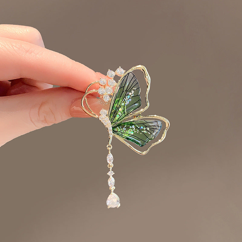 Green Butterfly Tassel Brooch