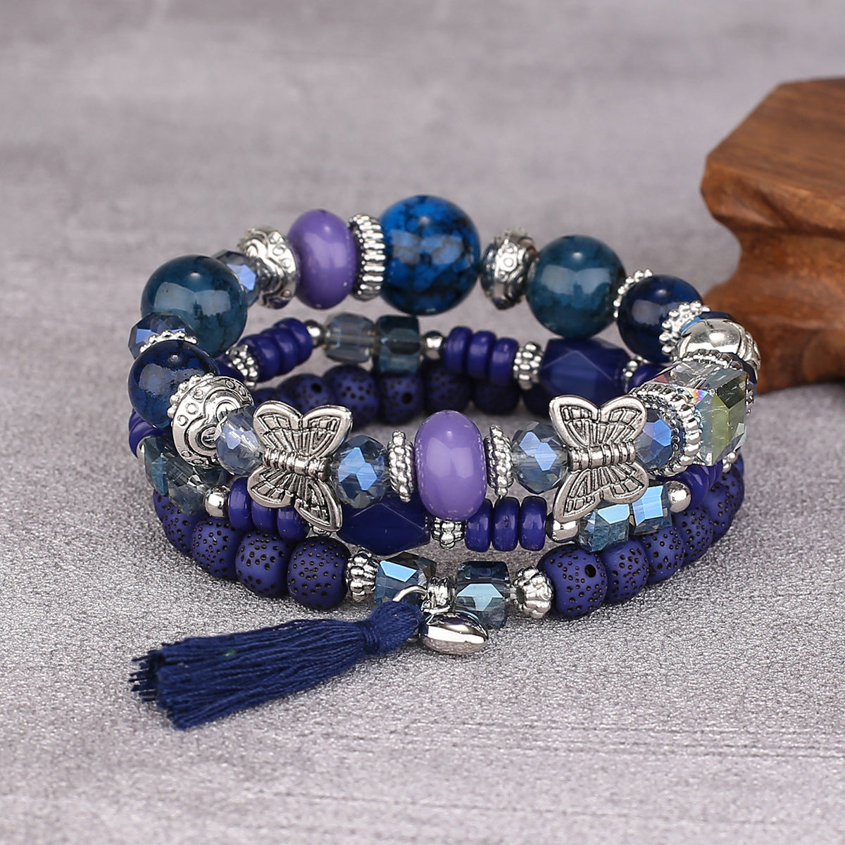 Boho Multi-Layer Stackable Beaded Stretch Bracelet, Bohemian Wrap Bracelet with Tassel & "I Love You" Charm