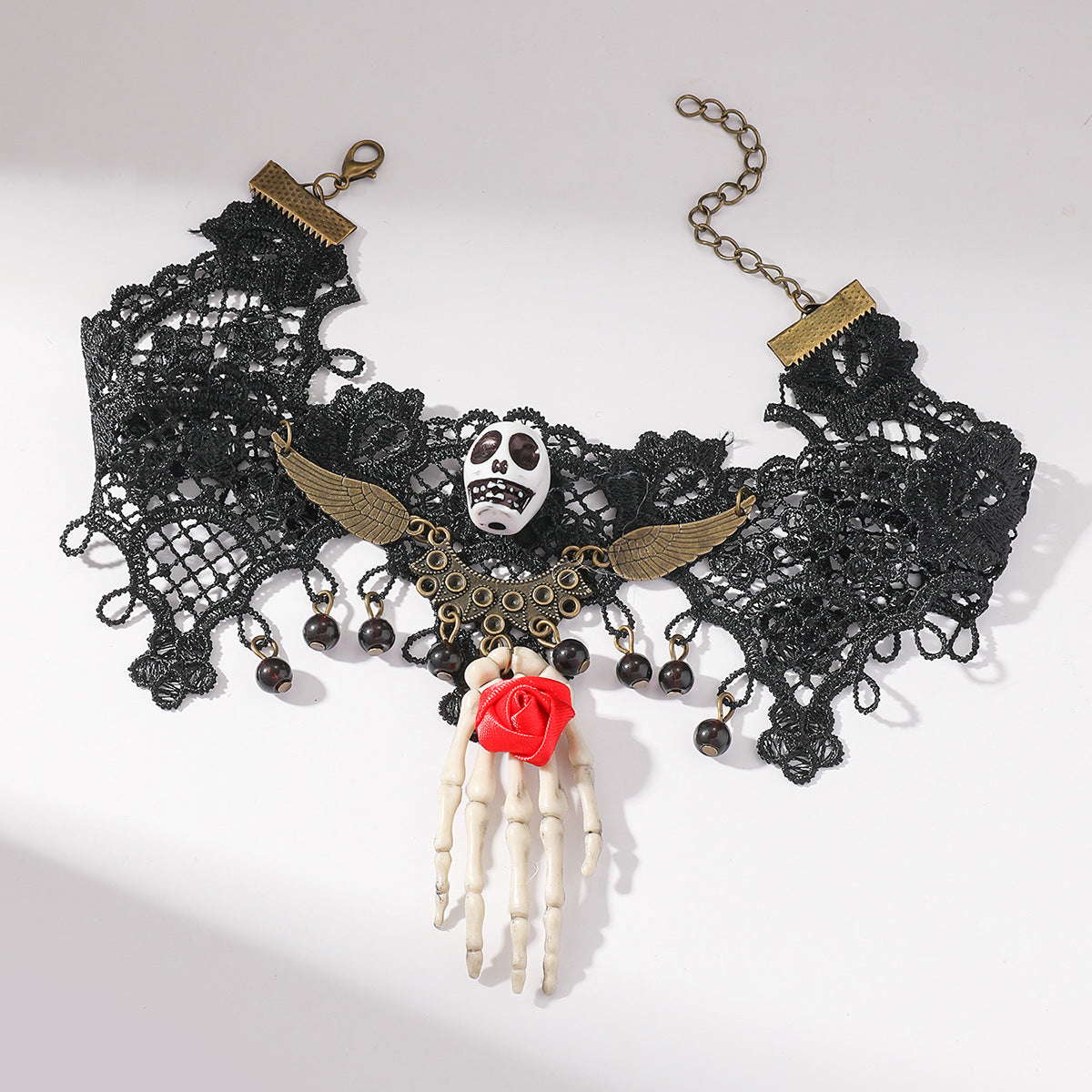 欧美跨境万圣节骷髅玫瑰手掌蕾丝项链女复古个性项圈暗黑风锁骨链