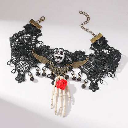欧美跨境万圣节骷髅玫瑰手掌蕾丝项链女复古个性项圈暗黑风锁骨链