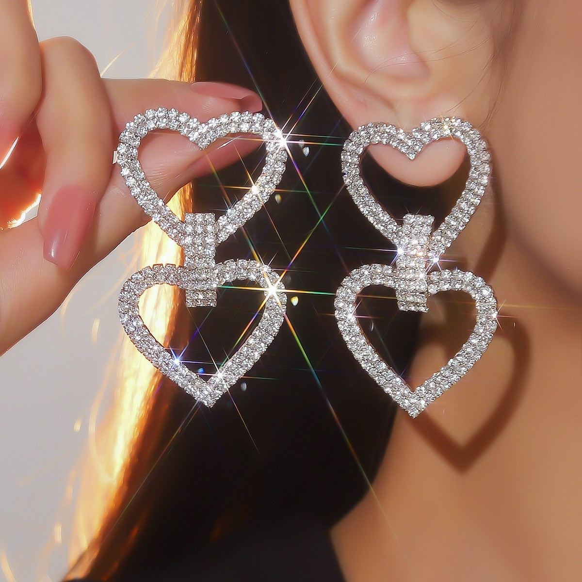 亚马逊美国独立日个性夸张长款流苏爱心耳环女水钻超闪耳钉耳饰品