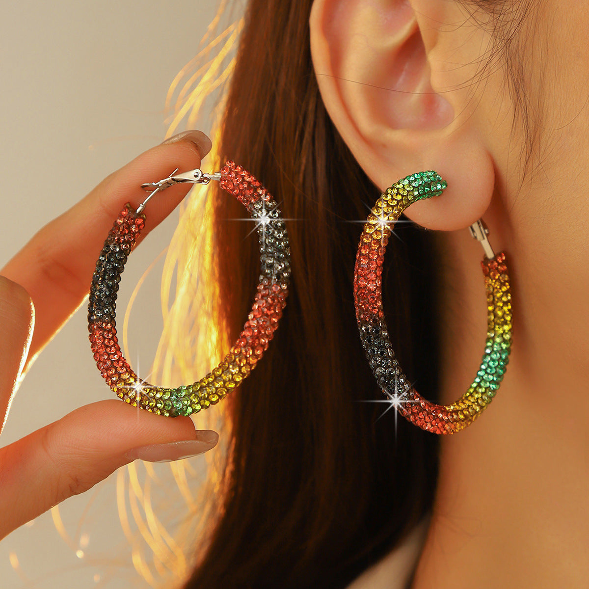 外贸热销 欧美夸张镶钻双排大圈街舞hiphop耳环耳圈 新娘耳饰批发