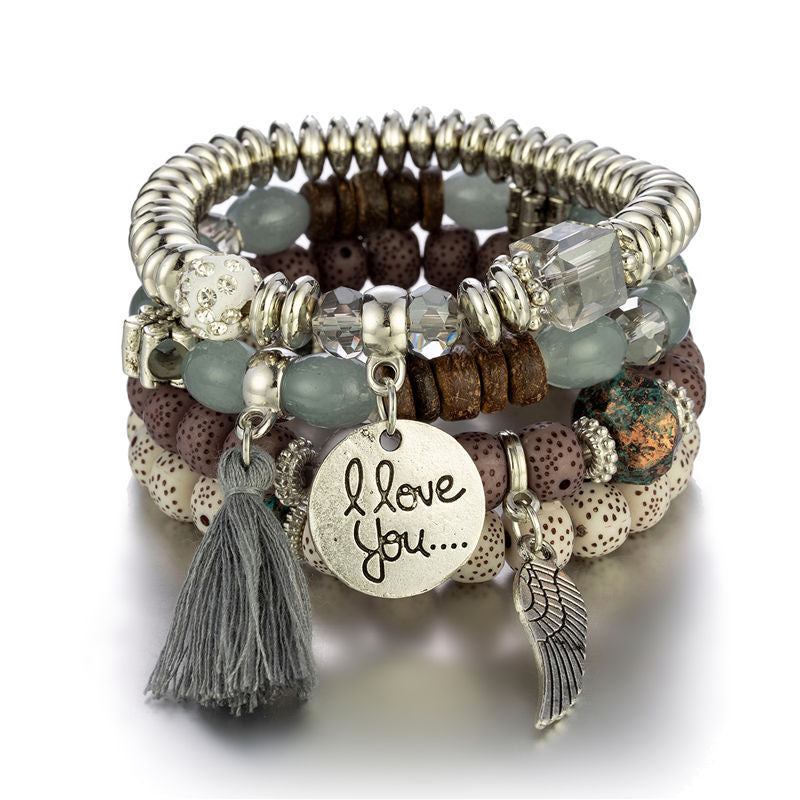 Boho Multi-Layer Stackable Beaded Stretch Bracelet, Bohemian Wrap Bracelet with Tassel & "I Love You" Charm