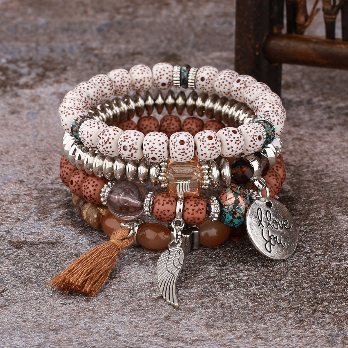 Boho Multi-Layer Stackable Beaded Stretch Bracelet, Bohemian Wrap Bracelet with Tassel & "I Love You" Charm