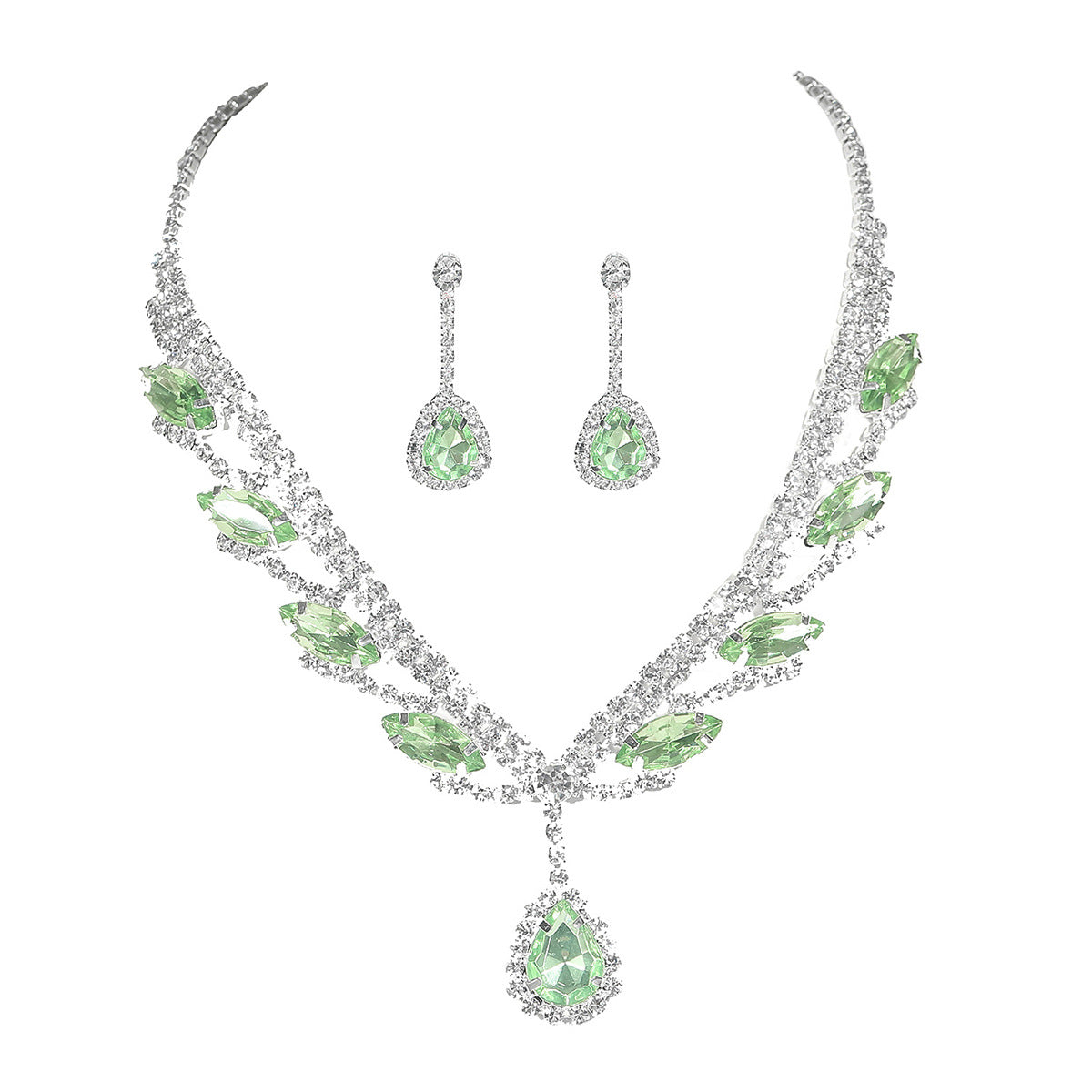 亚马逊爆款奢华水钻套链苹果绿色项链耳环套装 新娘首饰 水滴吊坠