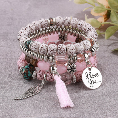 Boho Multi-Layer Stackable Beaded Stretch Bracelet, Bohemian Wrap Bracelet with Tassel & "I Love You" Charm