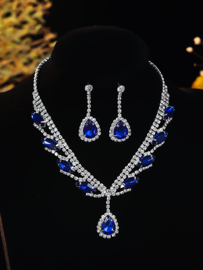 亚马逊爆款奢华水钻套链苹果绿色项链耳环套装 新娘首饰 水滴吊坠