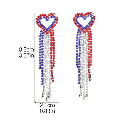 亚马逊美国独立日个性夸张长款流苏爱心耳环女水钻超闪耳钉耳饰品