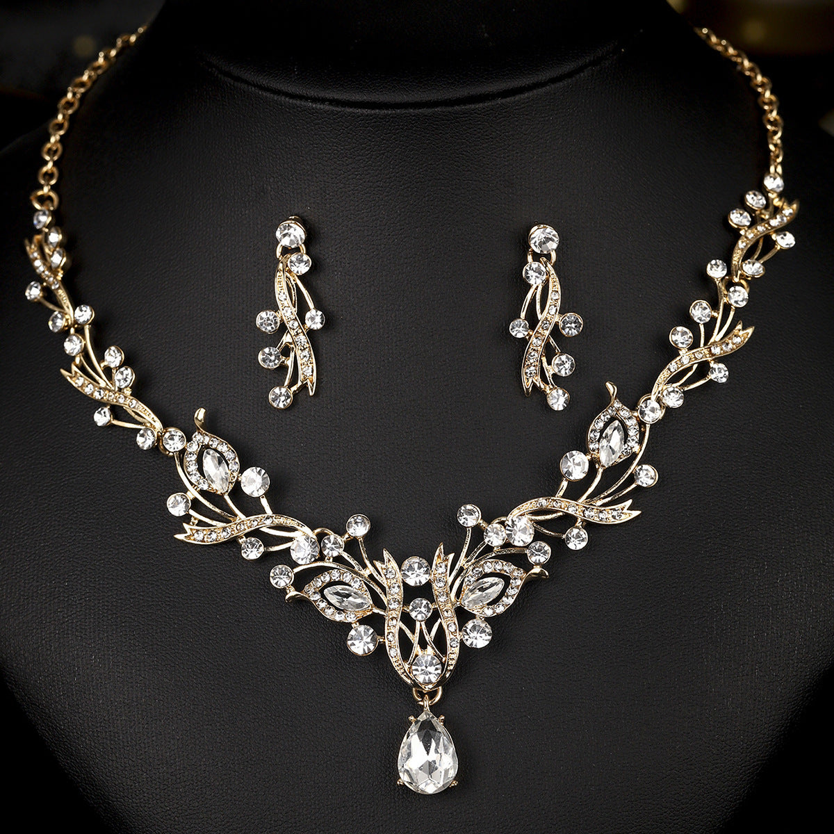 欧美新娘项链耳环套装复古水晶合金首饰搭配花朵水滴满钻礼服配饰