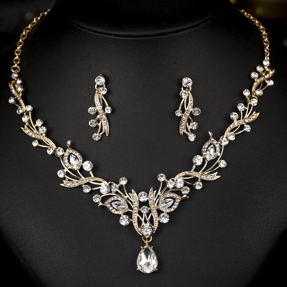 欧美新娘项链耳环套装复古水晶合金首饰搭配花朵水滴满钻礼服配饰
