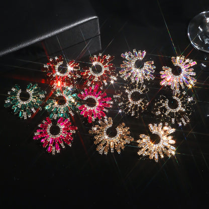 欧美跨境饰品 气质百搭彩色玻璃水钻C形耳环女 气质优雅雪花耳饰