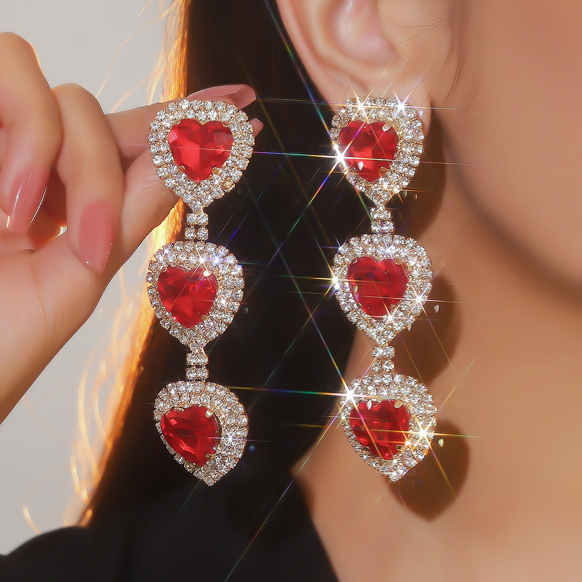 亚马逊美国独立日个性夸张长款流苏爱心耳环女水钻超闪耳钉耳饰品
