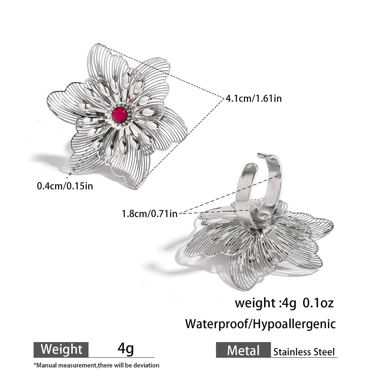 麦芽不锈钢不掉色花朵戒指女立体感开口设计指环夸张欧美跨境手饰