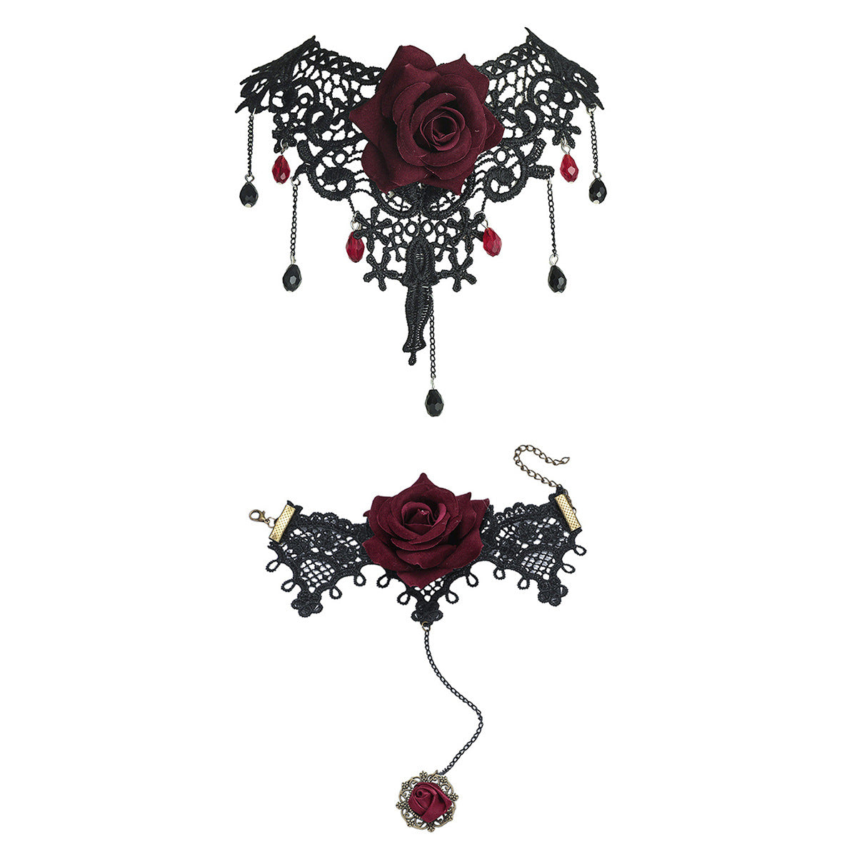 欧美跨境 复古黑色蕾丝玫瑰花项链手链戒指套装女 暗黑风颈链手饰