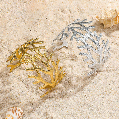 麦芽欧美跨境树枝珊瑚开口手镯不锈钢钛钢不掉色手环 ins时尚手饰