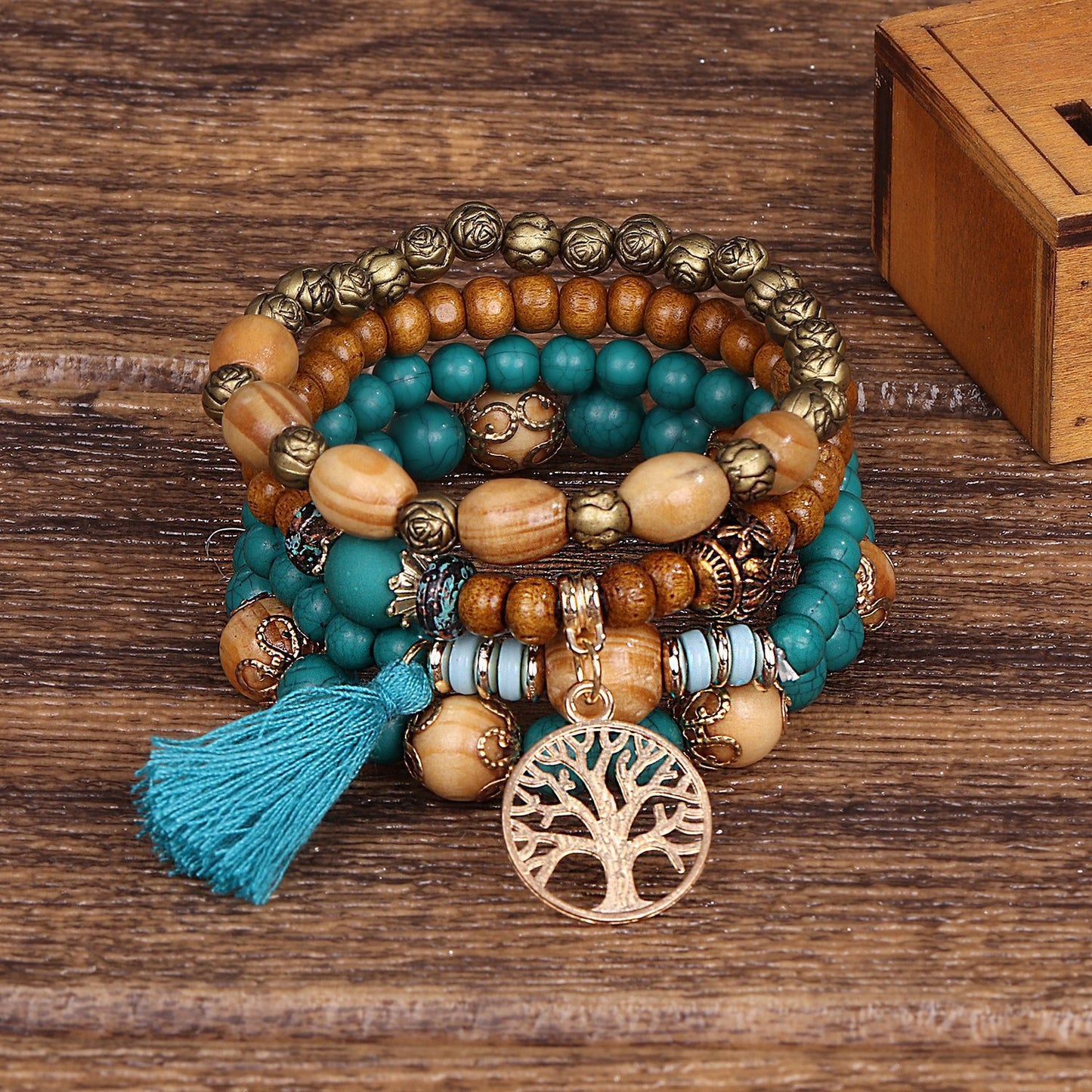 Boho Multi-Layer Stackable Beaded Stretch Bracelet, Bohemian Wrap Bracelet with Tassel & "I Love You" Charm