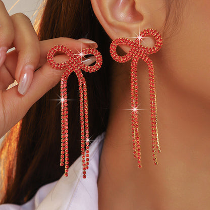 全铜 百搭蝴蝶结长款流苏耳环 时尚闪亮水钻耳钉无耳洞耳夹款