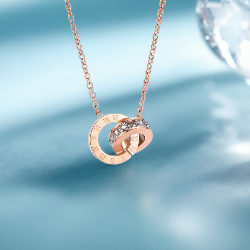 Interlocking Roman Numeral Necklace: 18K Gold-Plated Titanium Necklace with Diamonds for Women