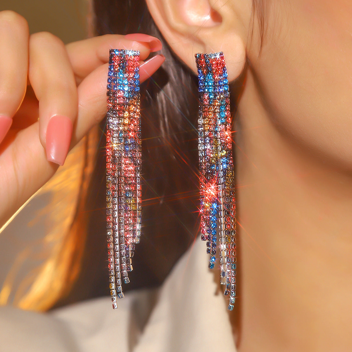 轻奢风小脸超闪AB水钻长款流苏耳环女 时尚气质耳钉饰品 earrings