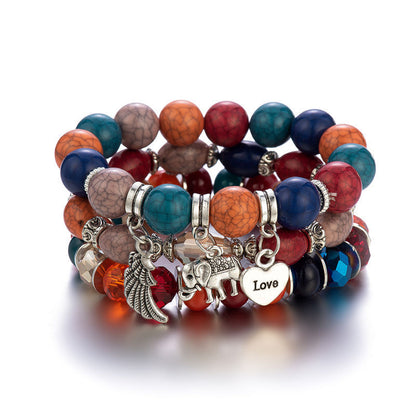 Boho Multi-Layer Stackable Beaded Stretch Bracelet, Bohemian Wrap Bracelet with Tassel & "I Love You" Charm