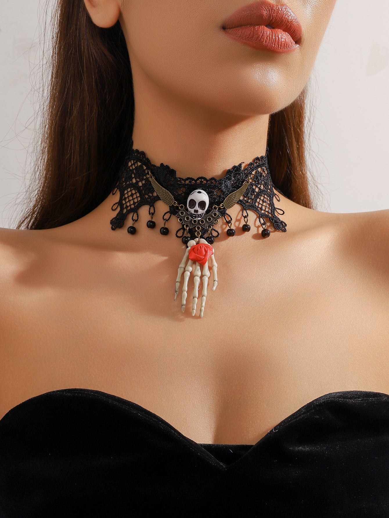 欧美跨境 复古黑色蕾丝玫瑰花项链手链戒指套装女 暗黑风颈链手饰