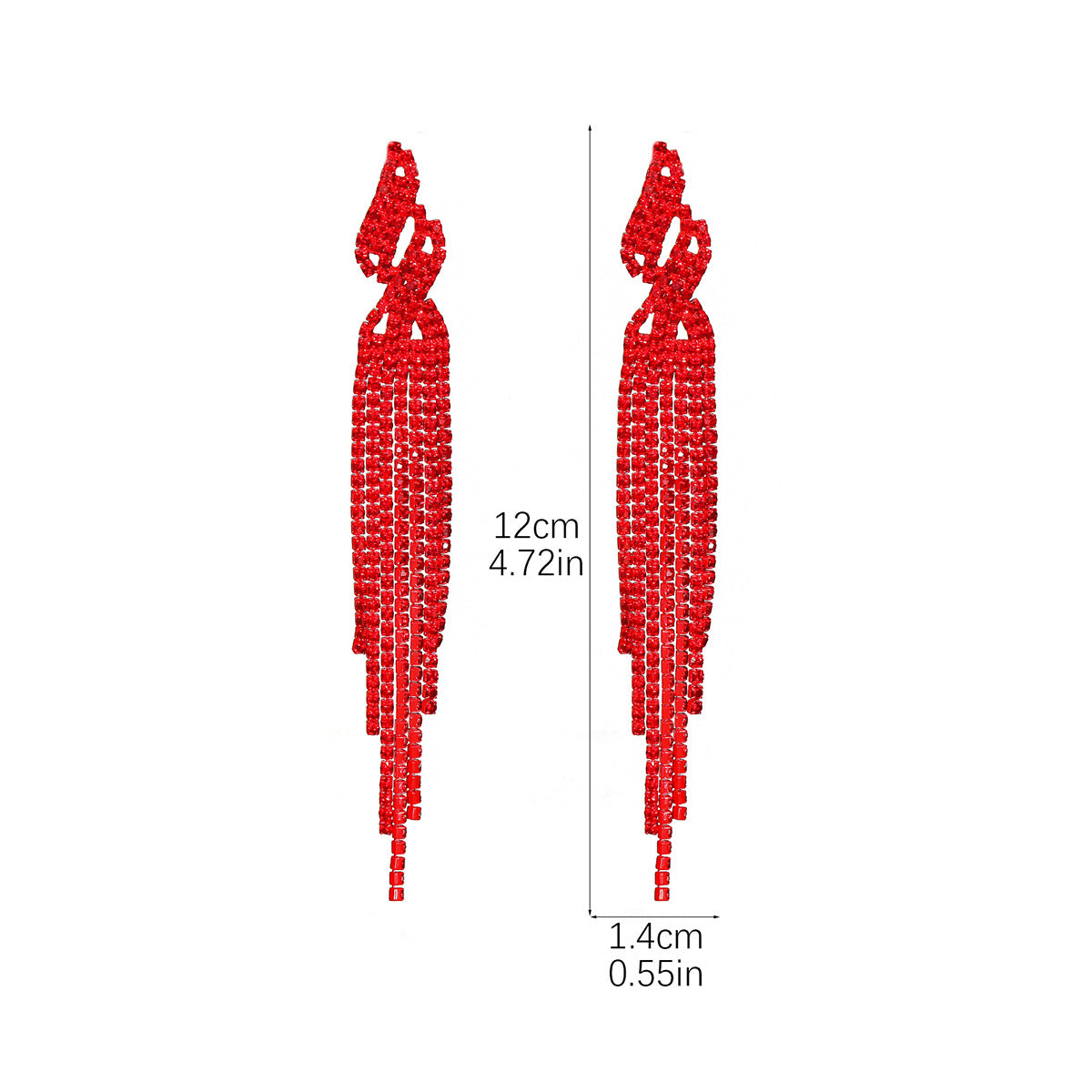 DINGKA时尚气质闪亮满钻长款流苏耳环女 高级感红色耳钉耳饰品