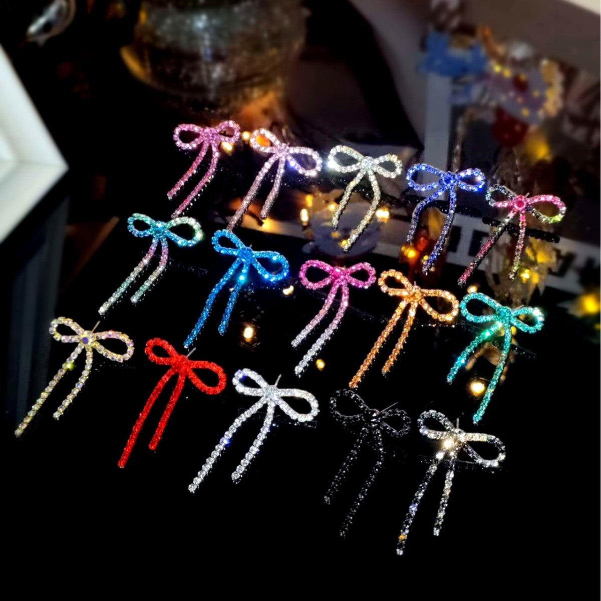 DINGKA 高级感蝴蝶结流苏耳环女 闪亮镶钻小耳钉高雅潮流耳饰品