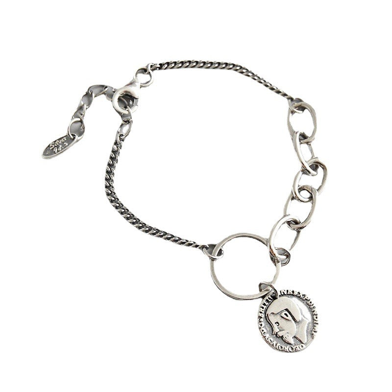 YHT002韩版个性学生银饰复古做旧设计人像硬币吊坠S925纯银手链女