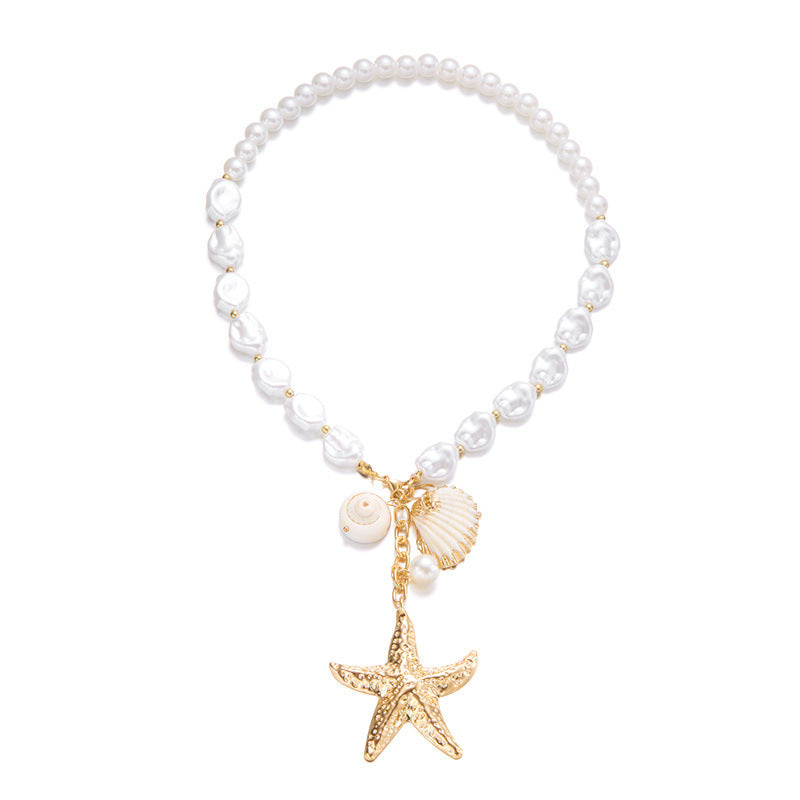 欧美夏季海洋度假海星贝壳海螺珍珠多层项链时尚夸张多层叠戴项链