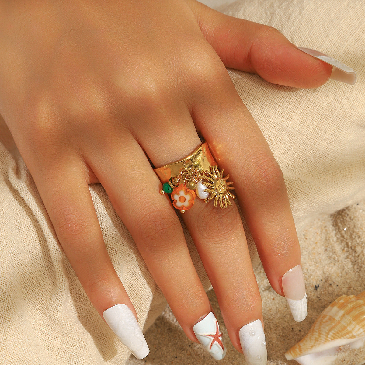 麦芽欧美不锈钢度假风开口戒指海螺海星贝壳珍珠花樱桃指环手饰品