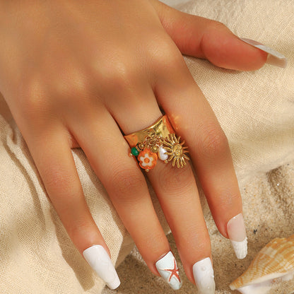 麦芽欧美不锈钢度假风开口戒指海螺海星贝壳珍珠花樱桃指环手饰品