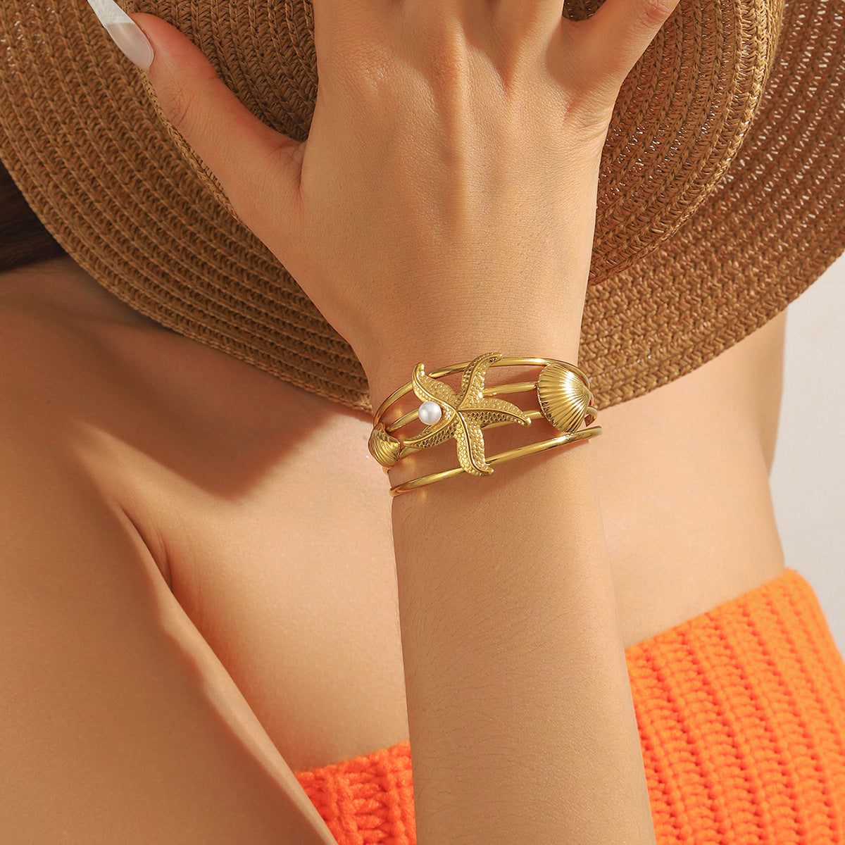 麦芽欧美跨境不锈钢开口海星海螺贝壳珍珠多层手镯钛钢海洋风手环