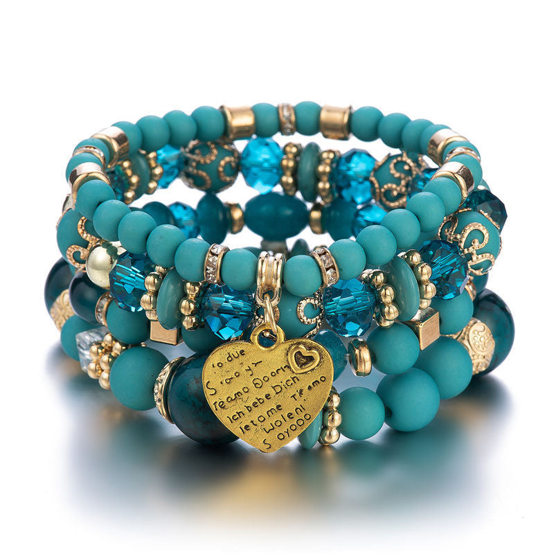 Boho Multi-Layer Stackable Beaded Stretch Bracelet, Bohemian Wrap Bracelet with Tassel & "I Love You" Charm