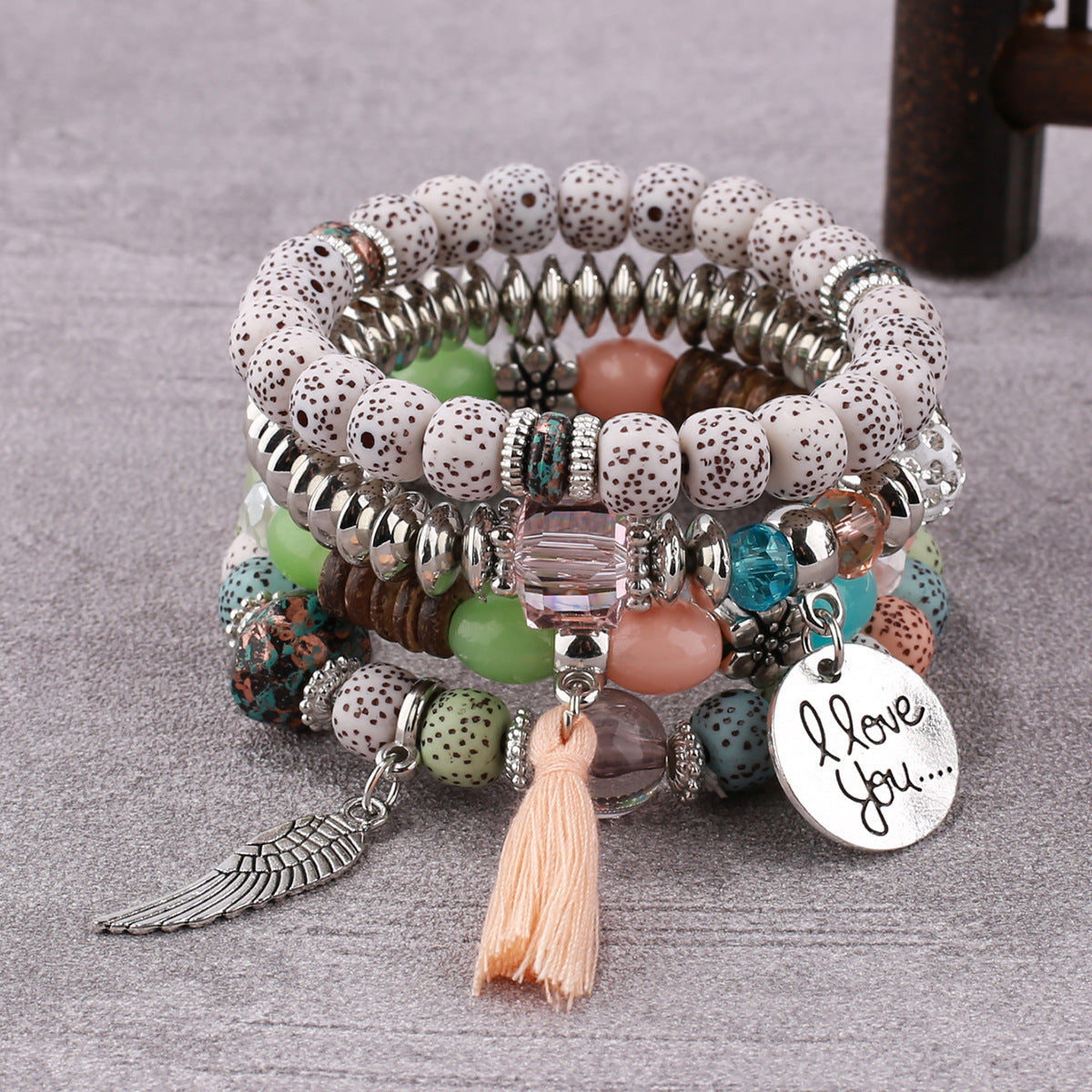 Boho Multi-Layer Stackable Beaded Stretch Bracelet, Bohemian Wrap Bracelet with Tassel & "I Love You" Charm