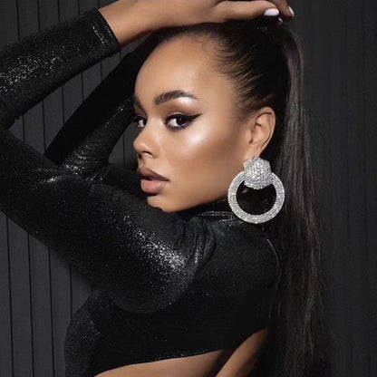 外贸热销 欧美夸张镶钻双排大圈街舞hiphop耳环耳圈 新娘耳饰批发