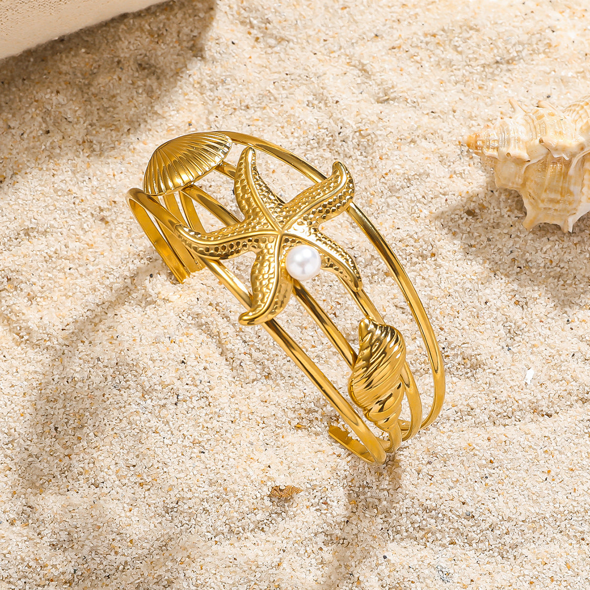 麦芽欧美跨境不锈钢开口海星海螺贝壳珍珠多层手镯钛钢海洋风手环